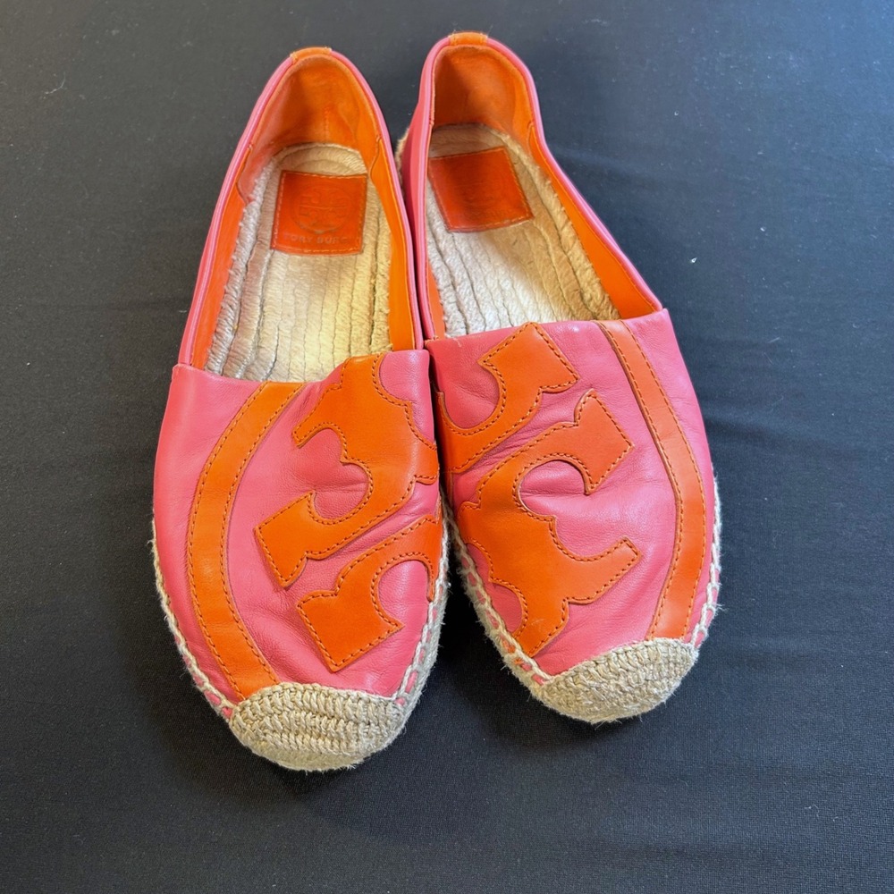 Tory Burch 6.5 Shaw Pink orange Leather Medallion‎ Logo Espadrille Jute Flats